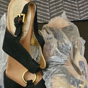 Coach Black Suede Slingback Heels with Gold Hardware